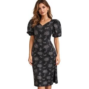 Vintage 90s Women's Medium Black Velvet Puff Sleeve Glitter Fireworks Dress